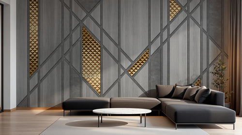 Design ZX0772 — Papier peint Triangles dores bois patterns beton luxe — Novomur