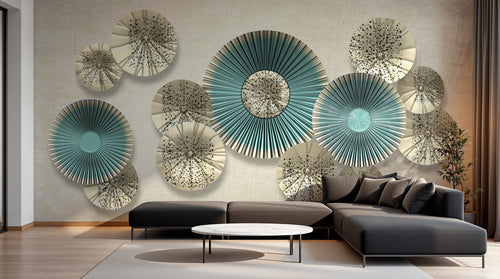 Design ZX0800 — Papier peint Disques ombrelles 3D bleu beige ornements — Novomur