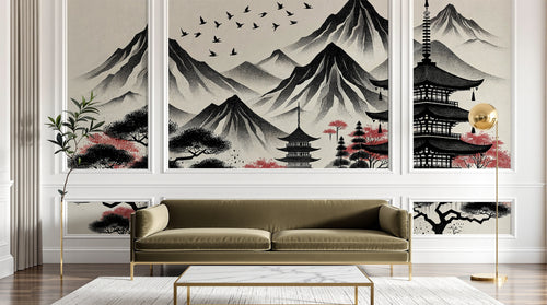 Design A0938 — Papier peint Asie Encre Noire Pagode — Novomur