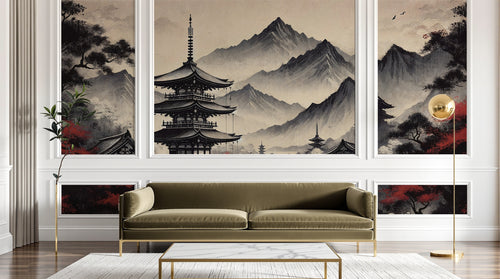 Design F0169 — Papier peint Asie Encre Noire Pagode — Novomur