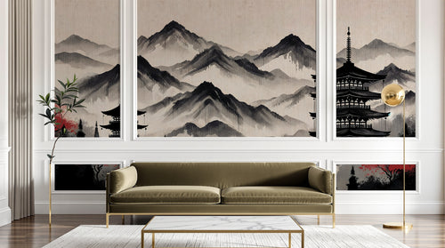 Design F0171 — Papier peint Asie Encre Noire Pagode — Novomur
