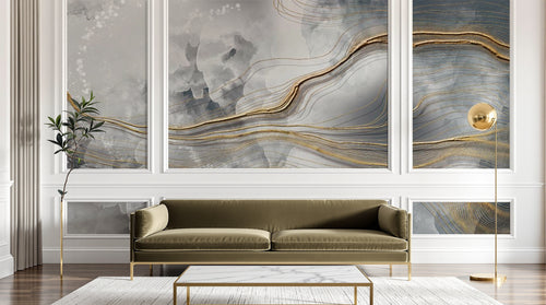 Design SL0614 — Papier peint Marbre liquide lignes dorees nuages gris — Novomur