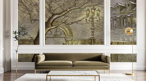 Design SL0658 — Papier peint Relief 3D arbre lampadaire ville beige — Novomur