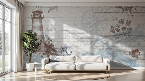 Design L0394 — Papier peint Brique blanche motifs nautiques vintage — Novomur