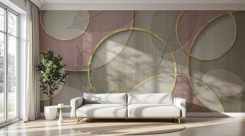 Design SL0082 — Papier peint Cercles dores et feuilles fond raye — Novomur