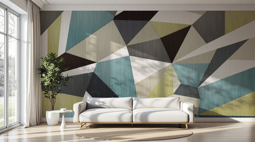 Design SL0114 — Papier peint Triangles polygones jaune bleu marron — Novomur