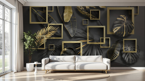 Design SL0154 — Papier peint Cadres dores feuilles tropicales noir or — Novomur