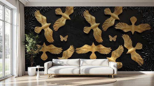 Design SL0194 — Papier peint Oiseaux dores relief fond noir feuillage — Novomur