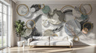 Design SL0232 — Papier peint Cercles dores marbre plumes luxe — Novomur