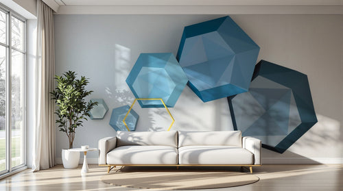 Design SL0266 — Papier peint Hexagones 3D bleu fond gris dore — Novomur