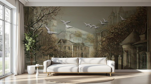 Design SL0292 — Papier peint Rue europeenne vintage pigeons brume — Novomur