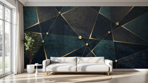 Design SL0353 — Papier peint Triangles dores perles fond bleu grunge — Novomur