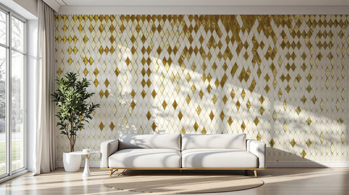 Design SL0475 — Papier peint Losanges dores fond blanc paillettes — Novomur