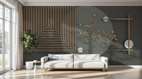 Design SL0516 — Papier peint Rectangles cercles dores papillons fond gris — Novomur
