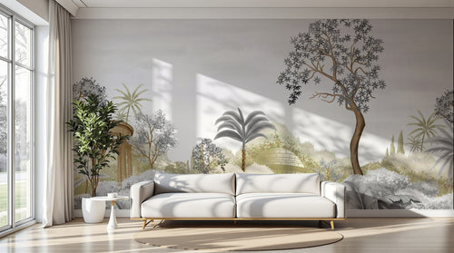 Design SL0595 — Papier peint Paysage pittoresque temple pavillon pastel — Novomur