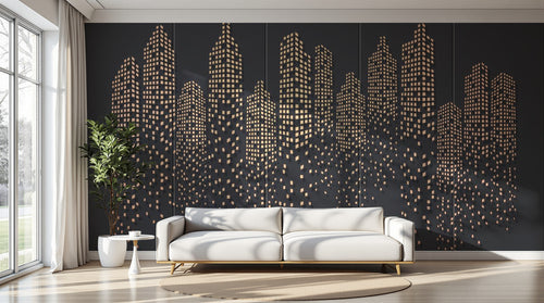 Design SL0611 — Papier peint Gratte-ciel fenetres dorees fond gris fonce — Novomur