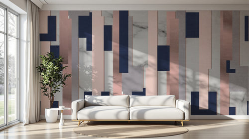Design SL0784 — Papier peint Lignes verticales rose bleu marbre Memphis — Novomur
