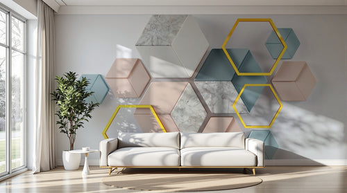 Design SL0796 — Papier peint Cubes hexagones 3D rose marbre — Novomur