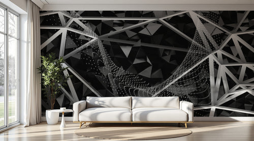 Design SL0857 — Papier peint Triangles 3D noir argent facettes — Novomur
