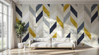 Design ZX0351 — Papier peint Chevron jaune bleu marine beige — Novomur