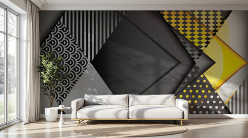 Design ZX0487 — Papier peint Memphis 80 jaune noir damiers patterns — Novomur
