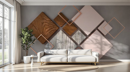 Design ZX0516 — Papier peint Carres bois marbre rose cuivre mid-century — Novomur
