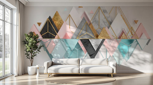 Design ZX0520 — Papier peint Triangles rose marbre dore montagne 3D — Novomur