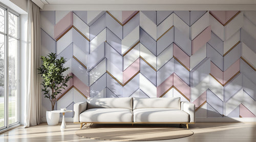 Design ZX0523 — Papier peint Chevron 3D blanc rose dores luxe — Novomur