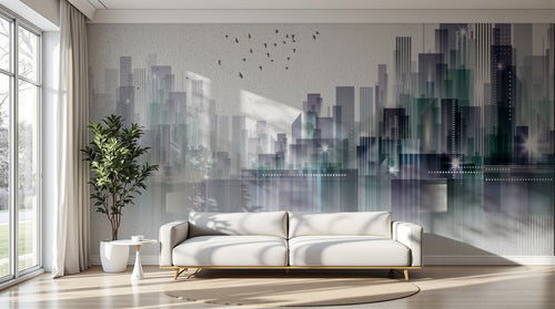 Design ZX0759 — Papier peint Skyline gratte-ciel reflet eau oiseaux — Novomur