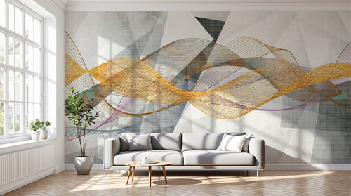 Design SL0230 — Papier peint Vagues dorees orange fond gris geometrique — Novomur