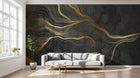 Design SL0336 — Papier peint Lignes ondulantes dorees fond hexagones noir — Novomur