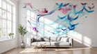 Design SL0368 — Papier peint Cygne bleu rose papillons abstrait — Novomur