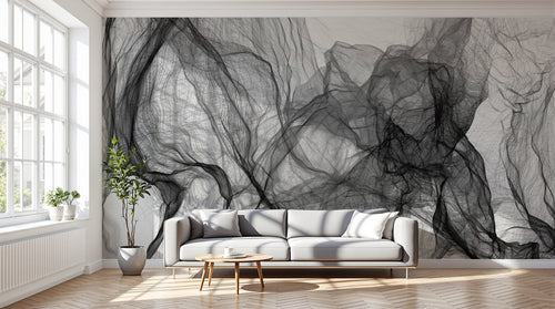 Design SL0695 — Papier peint Voiles noirs translucides fond blanc — Novomur