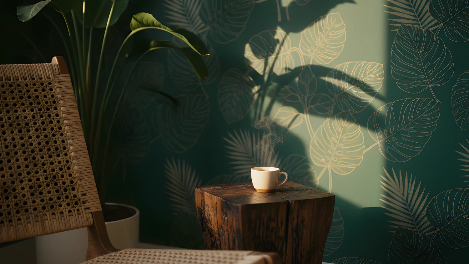 Salon cocooning papier peint jungle vert profond