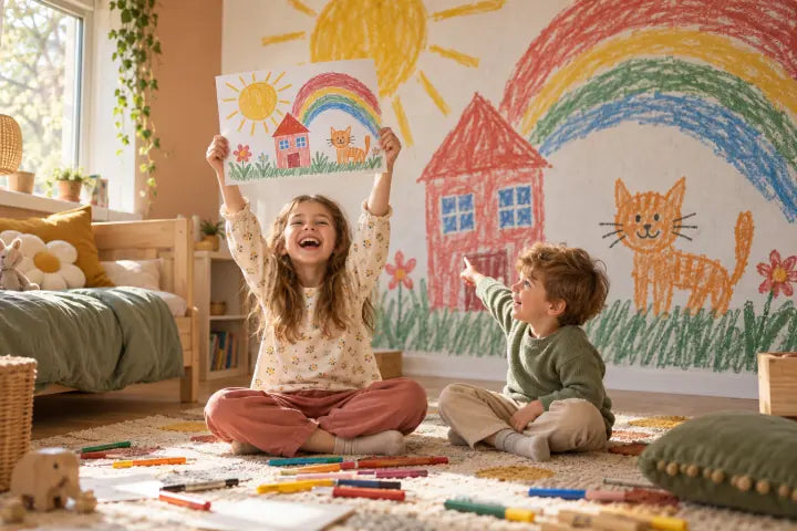 Une petite fille brandit son dessin, reproduit en grand sur le mur de sa chambre