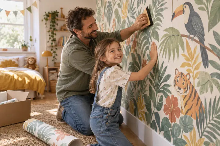 Un père et sa fille posent un papier peint jungle dans une chambre