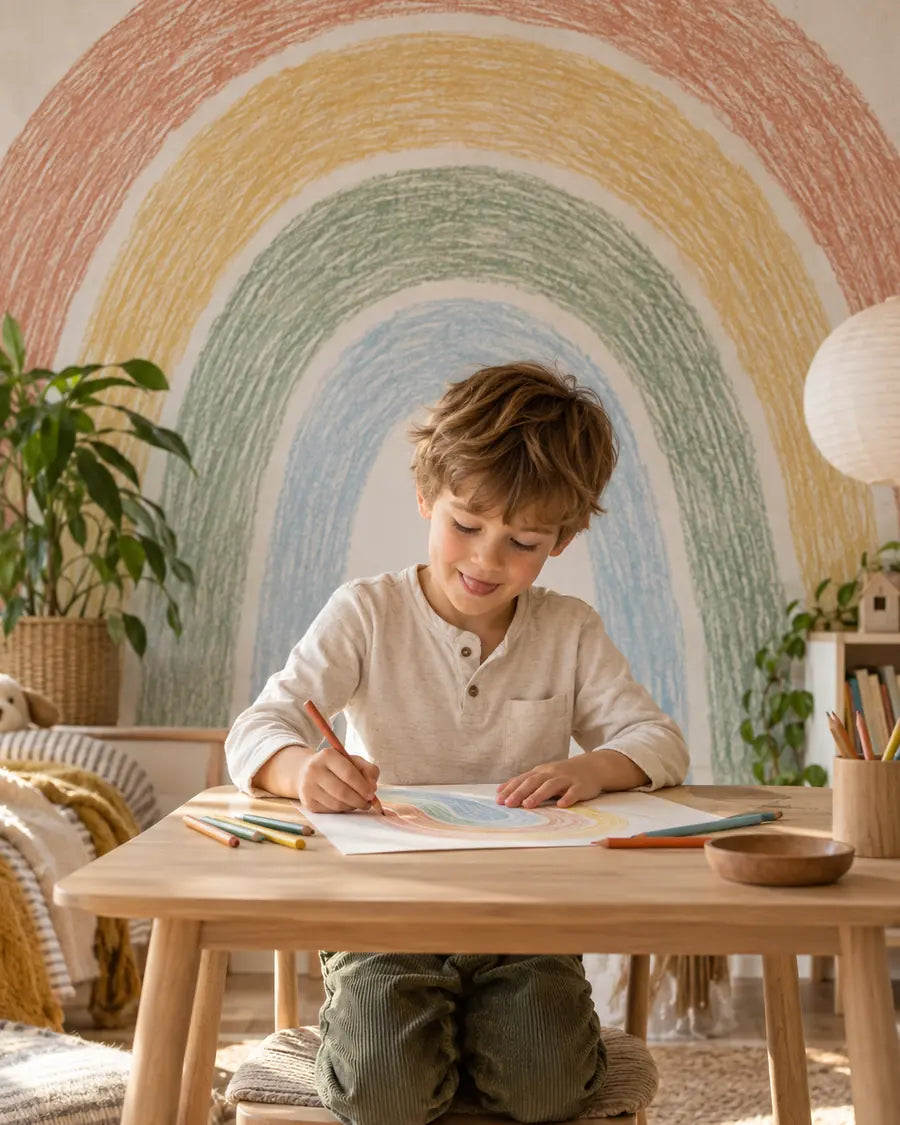 Un enfant dessine un arc-en-ciel devant un mur tapissé du même motif