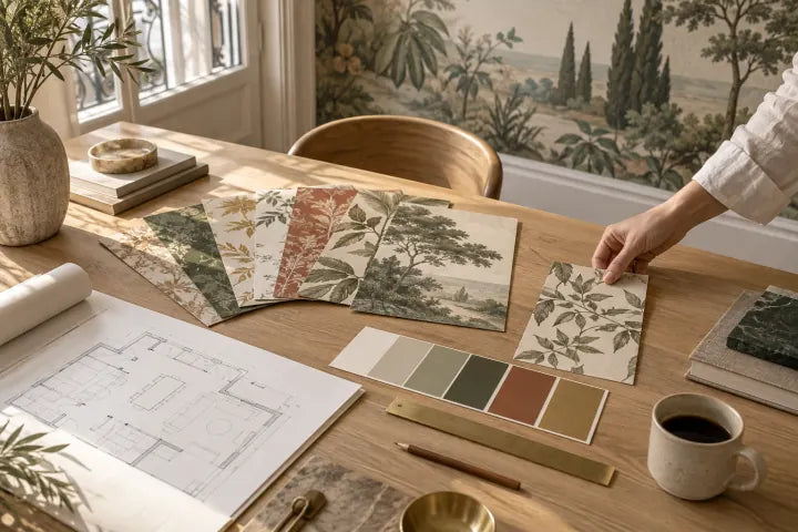 Des échantillons de papier peint posés en éventail sur la table d’un studio d’architecture, à côté d’un nuancier et d’un plan