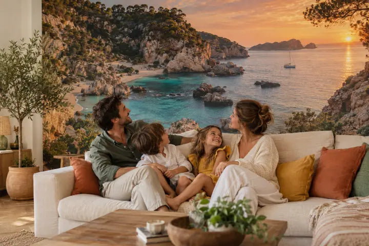 Eine Familie auf dem Sofa vor einer Wand mit einer Mittelmeerbucht bei Sonnenuntergang