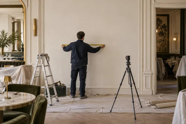 Un professionnel relève les cotes d’un mur de restaurant en chantier, un télémètre sur trépied à ses côtés