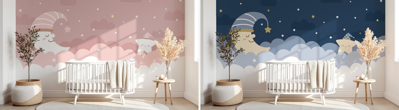 Même design chambre bébé en version rose fille et en version bleu marine garçon