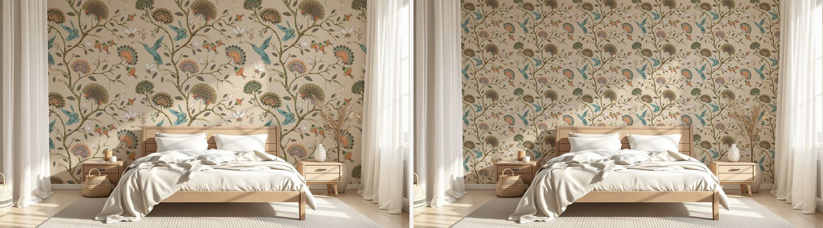 Même papier peint floral avec motif classique à gauche et motif dézoomé à droite pour plus de répétitions